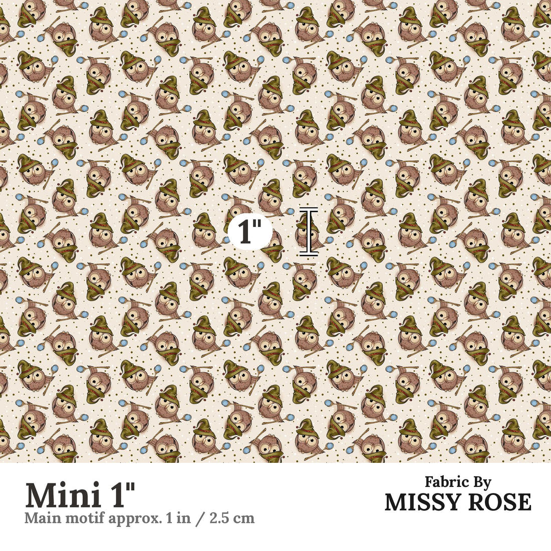 Design 1011 Magical Owls Fabric Mini 1 inch print scale guide | Fabric by Missy Rose