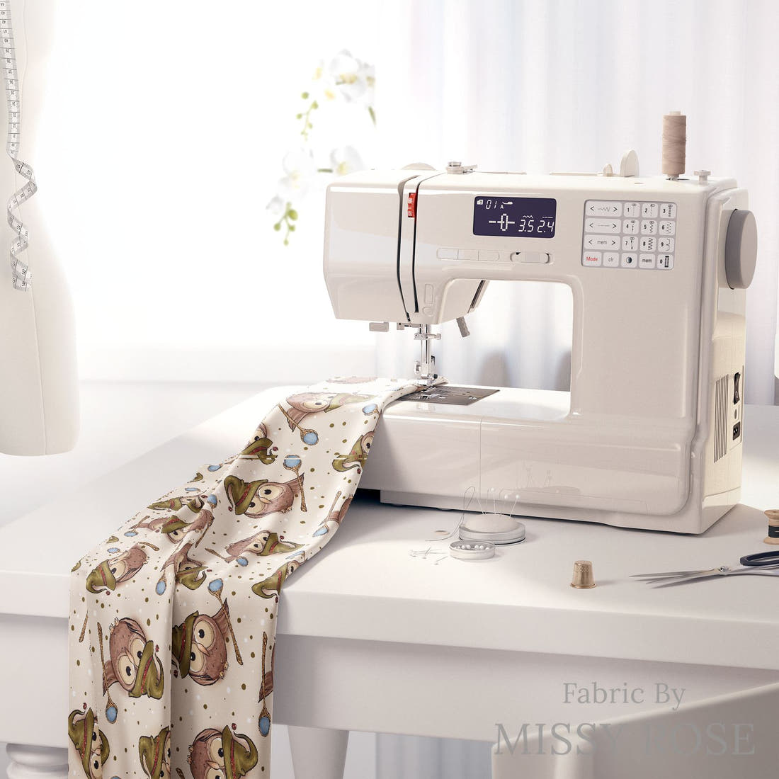 Design 1011 Magical Owls Fabric on a sewing machine – premium fabric for sewing projects | Fabric by Missy Rose