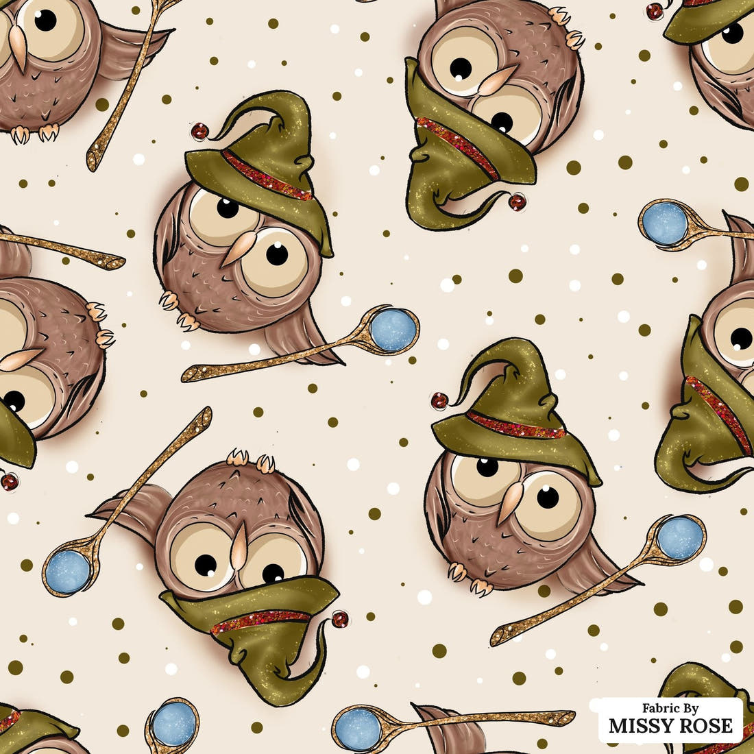 Design 1011 Magical Owls Fabric – flat view of the print, zoom in for detail | Fabric by Missy Rose