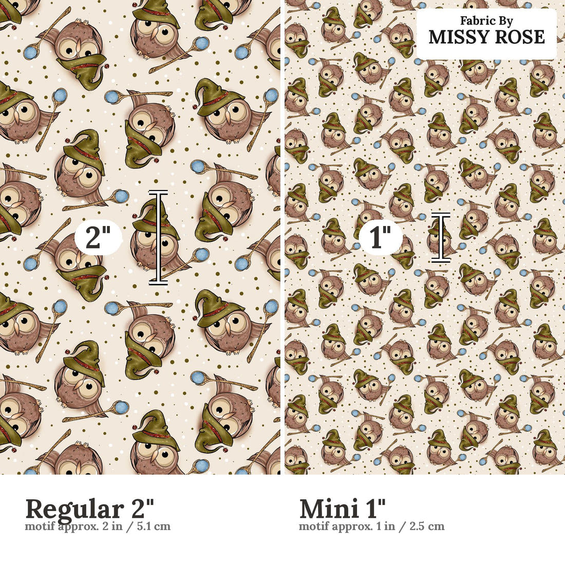Design 1011 Magical Owls Fabric Regular 2 inch vs Mini 1 inch print scale side by side | Fabric by Missy Rose