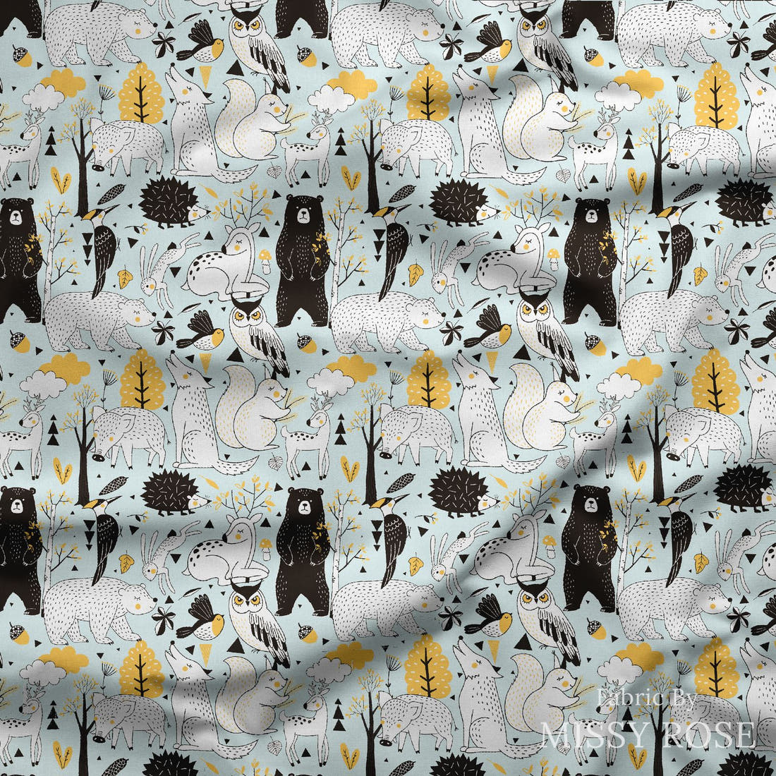 Design 1012 Scandi Woodlands Fabric draped fabric mockup – custom printed fabric by the metre | Fabric by Missy Rose
