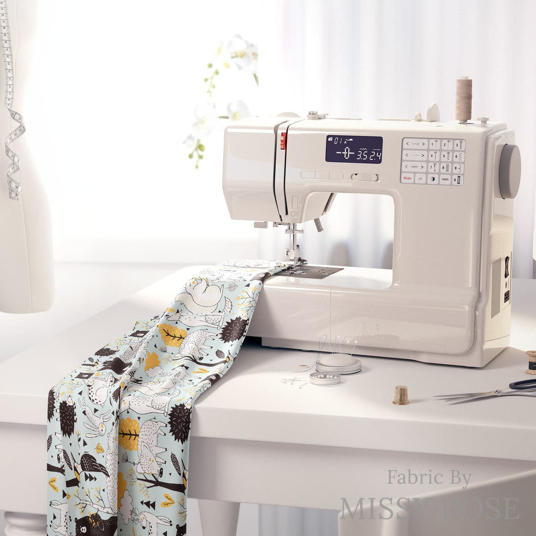 Design 1012 Scandi Woodlands Fabric on a sewing machine – premium fabric for sewing projects | Fabric by Missy Rose