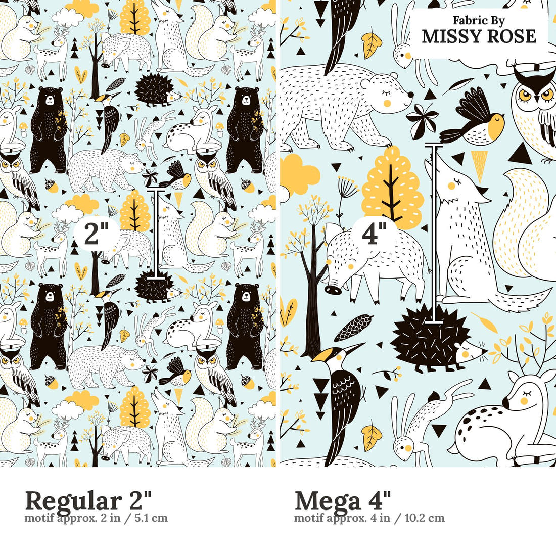 Design 1012 Scandi Woodlands Fabric Regular 2 inch vs Mega 4 inch print scale side by side | Fabric by Missy Rose
