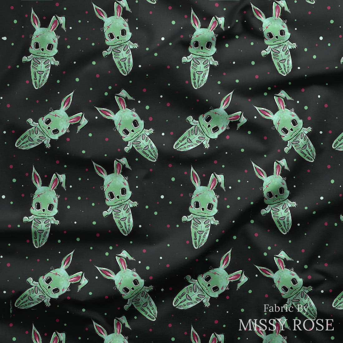 Design 1013 Zombie Bunny Fabric draped fabric mockup – custom printed fabric by the metre | Fabric by Missy Rose