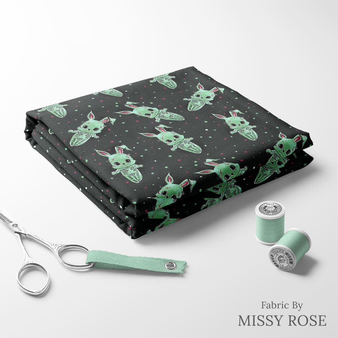 Design 1013 Zombie Bunny Fabric folded fabric stack with matching thread – pre-order fabric Australia | Fabric by Missy Rose