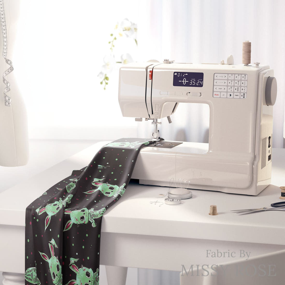 Design 1013 Zombie Bunny Fabric on a sewing machine – premium fabric for sewing projects | Fabric by Missy Rose