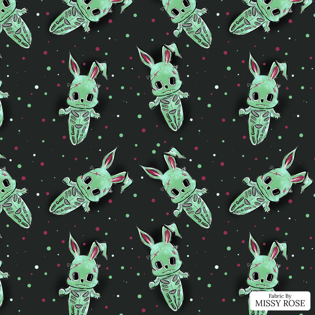 Design 1013 Zombie Bunny Fabric – flat view of the print, zoom in for detail | Fabric by Missy Rose