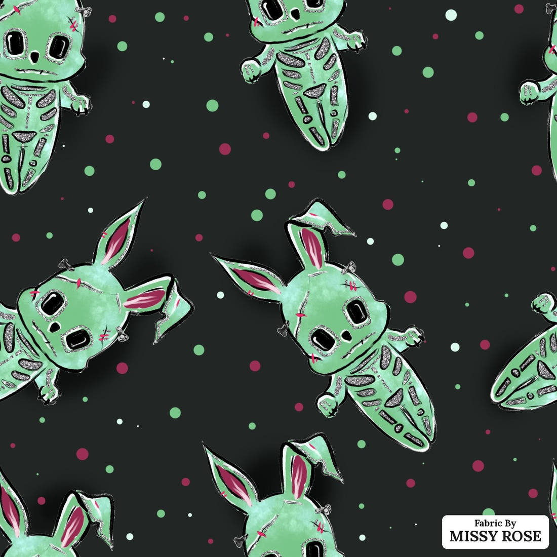 Design 1013 Zombie Bunny Fabric – flat view of the print, zoom in for detail | Fabric by Missy Rose