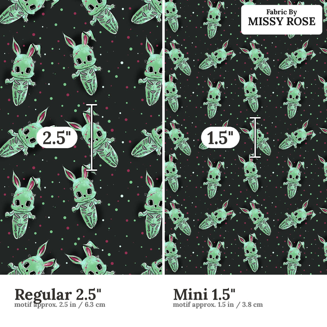 Design 1013 Zombie Bunny Fabric Regular 2.5 inch vs Mini 1.5 inch print scale side by side | Fabric by Missy Rose