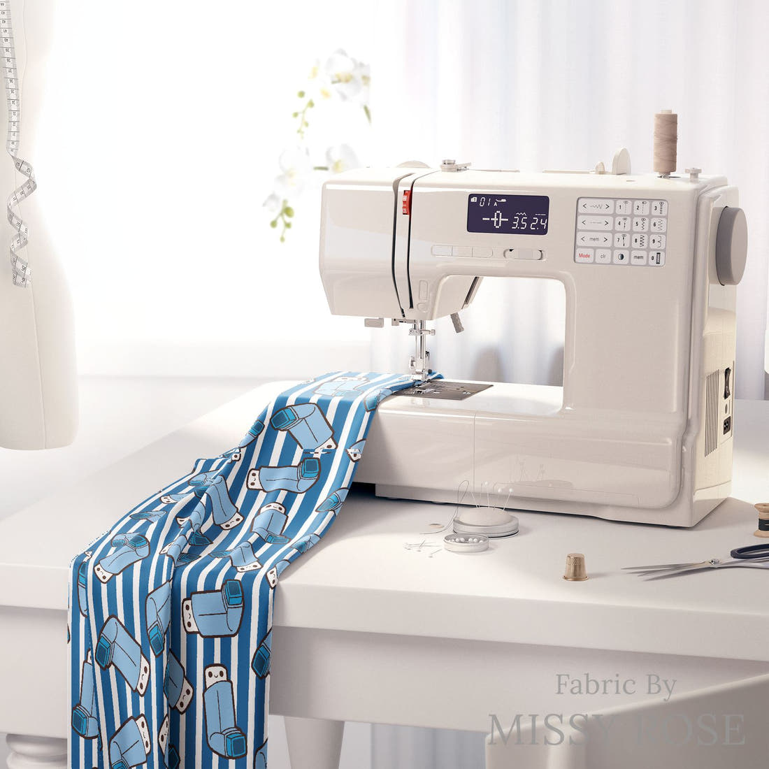 Design 1014 Striped Asthma Fabric on a sewing machine – premium fabric for sewing projects | Fabric by Missy Rose