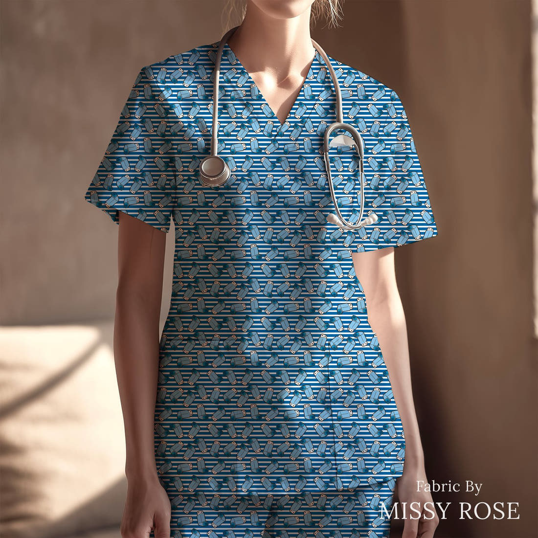 Design 1014 Striped Asthma Fabric sewn into a scrubs top – see how the print looks made up | Fabric by Missy Rose