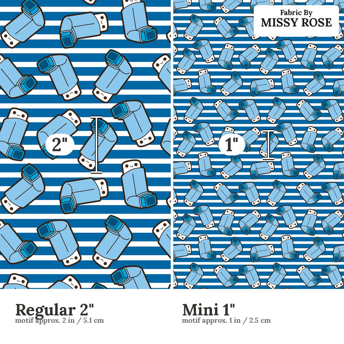 Design 1014 Striped Asthma Fabric Regular 2 inch vs Mini 1 inch print scale side by side | Fabric by Missy Rose