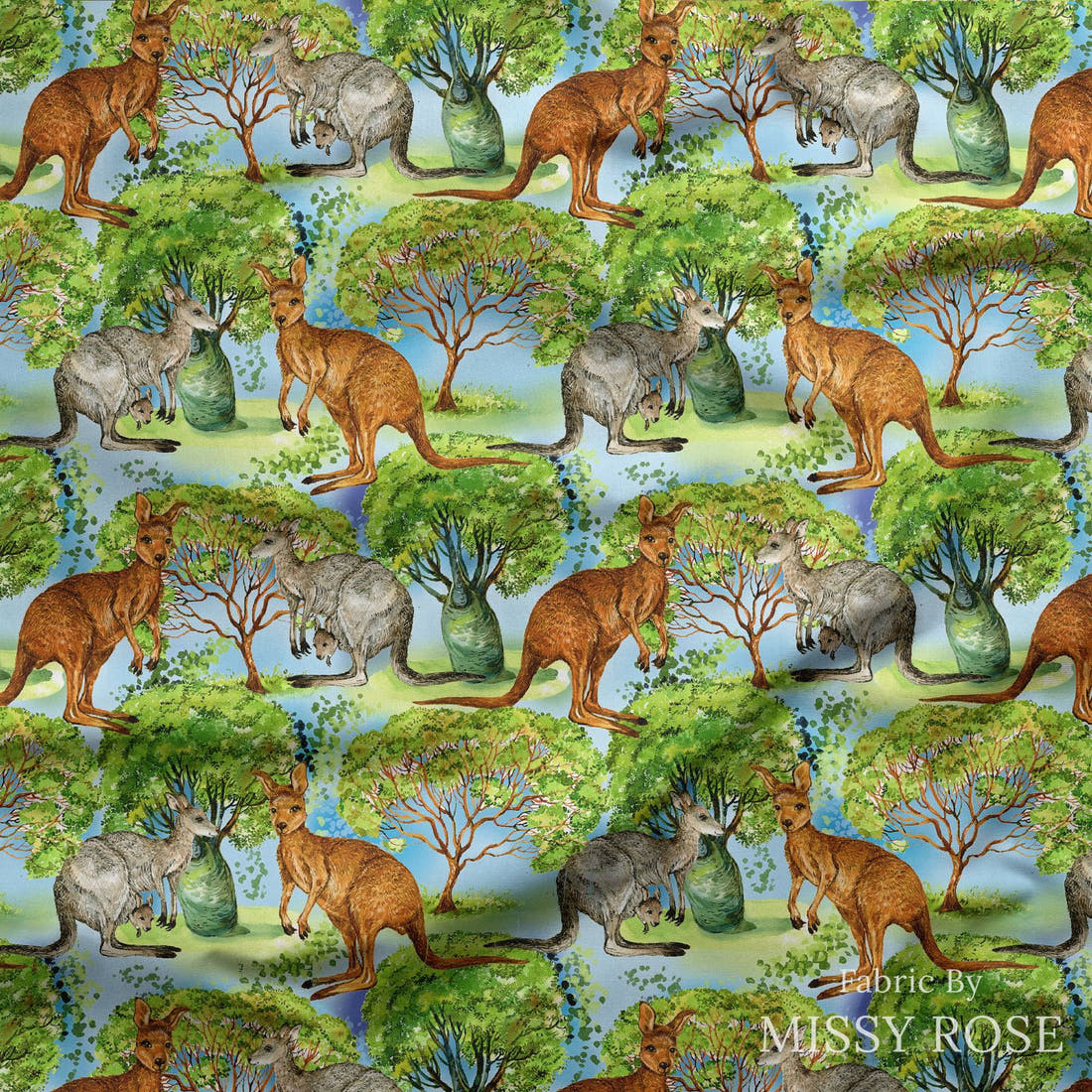 Design 1015 Blue Aussie Fabric draped fabric mockup – custom printed fabric by the metre | Fabric by Missy Rose