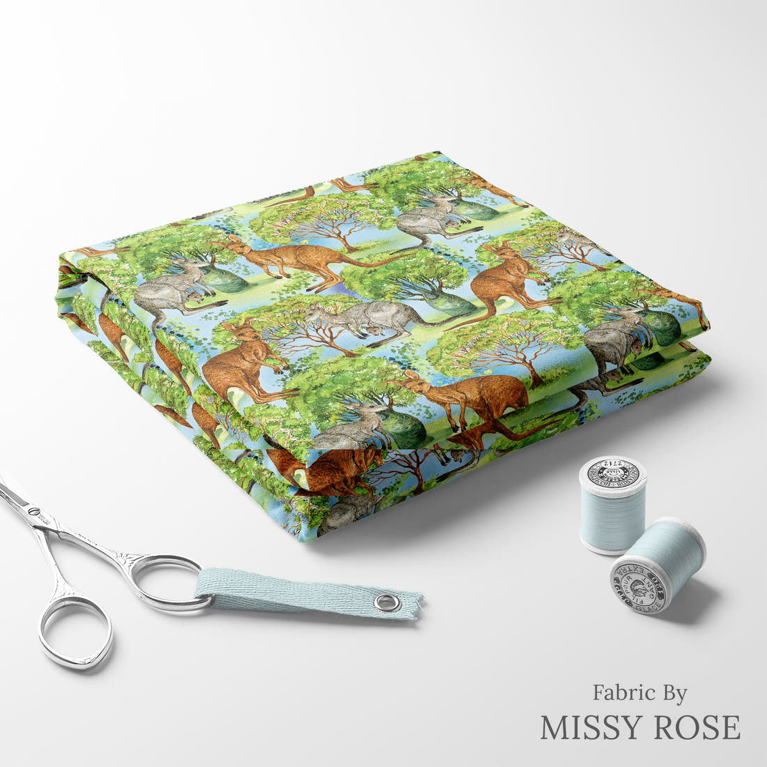 Design 1015 Blue Aussie Fabric folded fabric stack with matching thread – pre-order fabric Australia | Fabric by Missy Rose