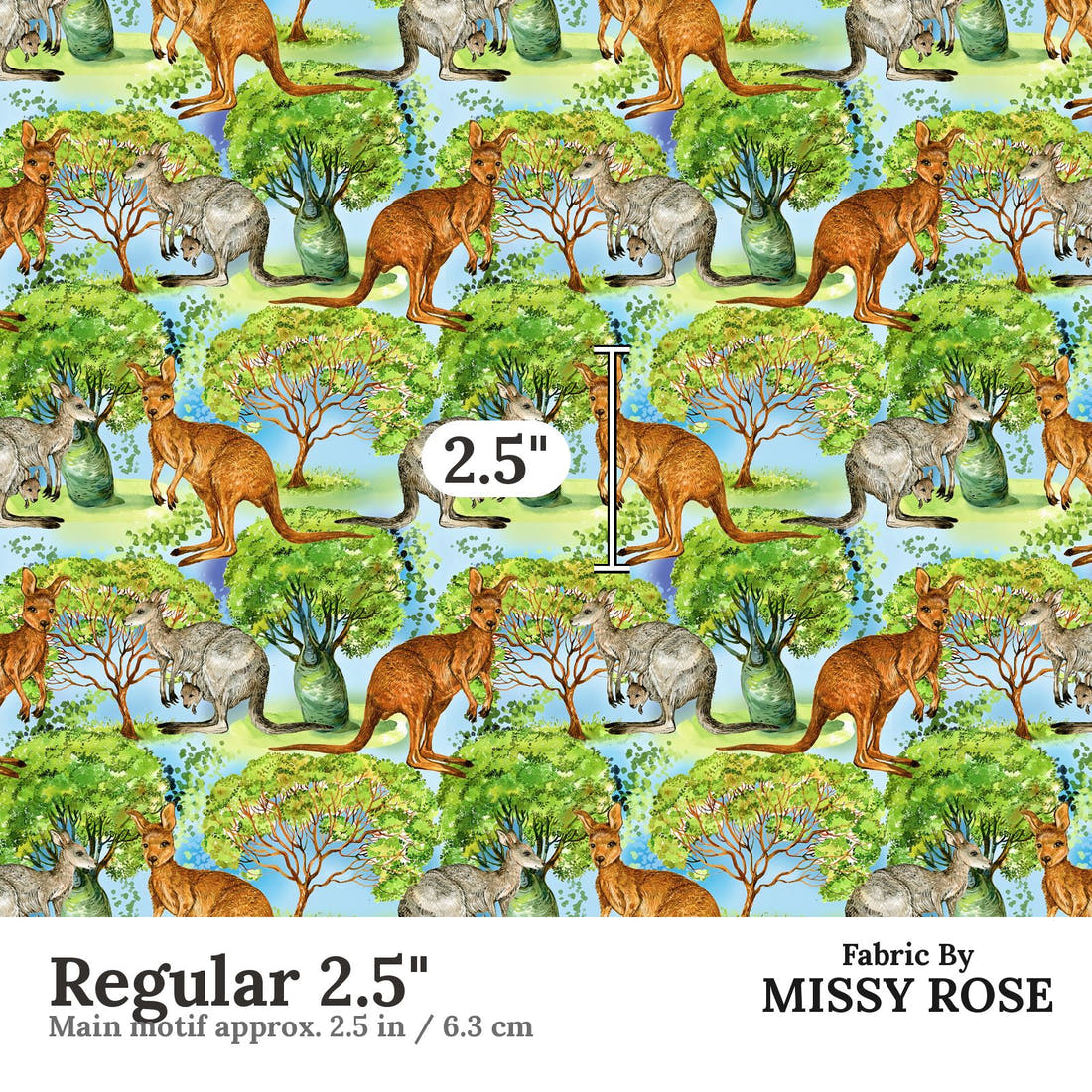 Design 1015 Blue Aussie Fabric Regular 2.5 inch print scale guide | Fabric by Missy Rose