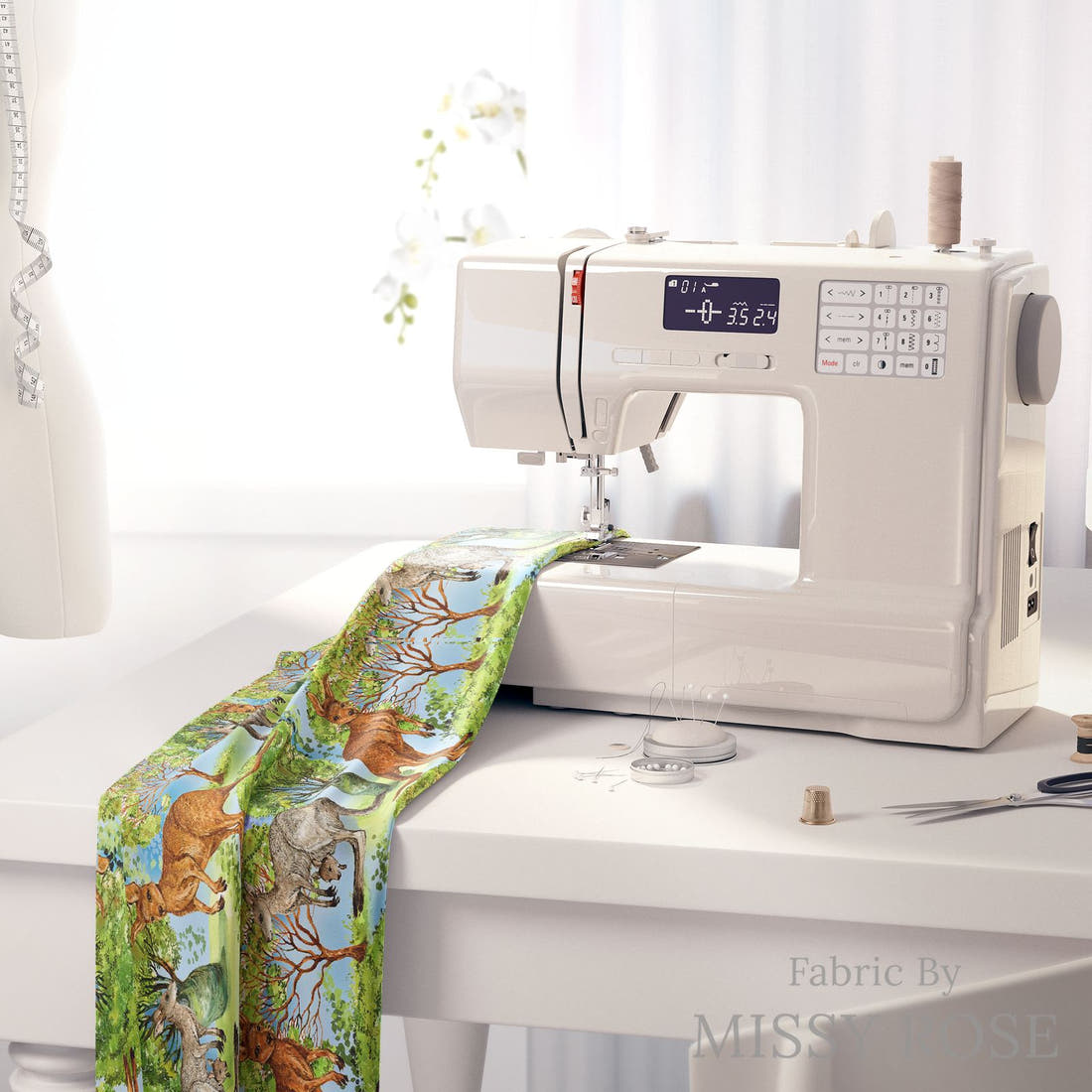 Design 1015 Blue Aussie Fabric on a sewing machine – premium fabric for sewing projects | Fabric by Missy Rose