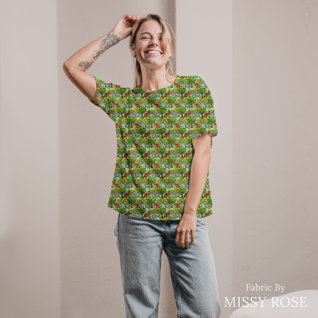 Design 1015 Blue Aussie Fabric sewn into an all-over print shirt – see how the print looks made up | Fabric by Missy Rose
