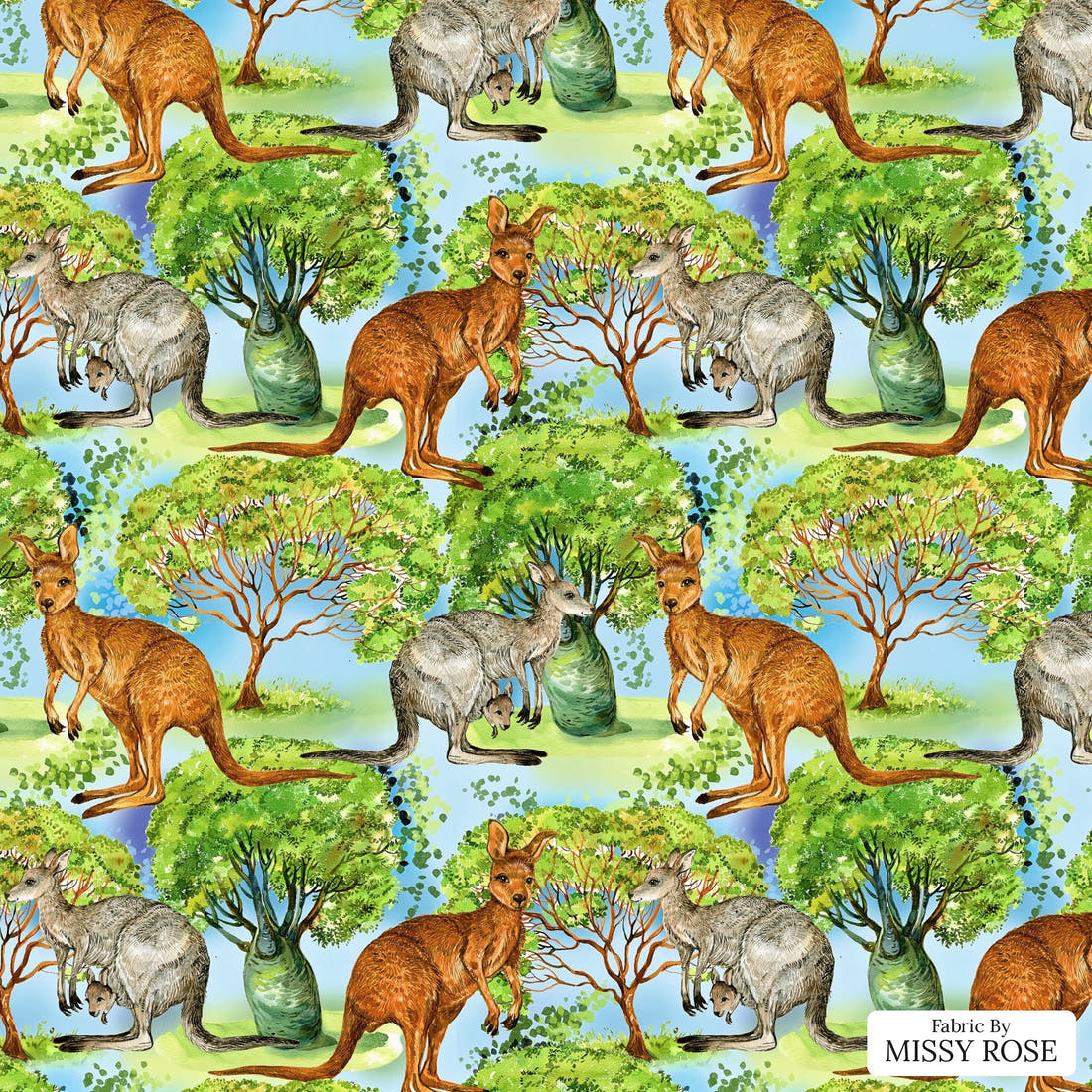 Design 1015 Blue Aussie Fabric – flat view of the print, zoom in for detail | Fabric by Missy Rose