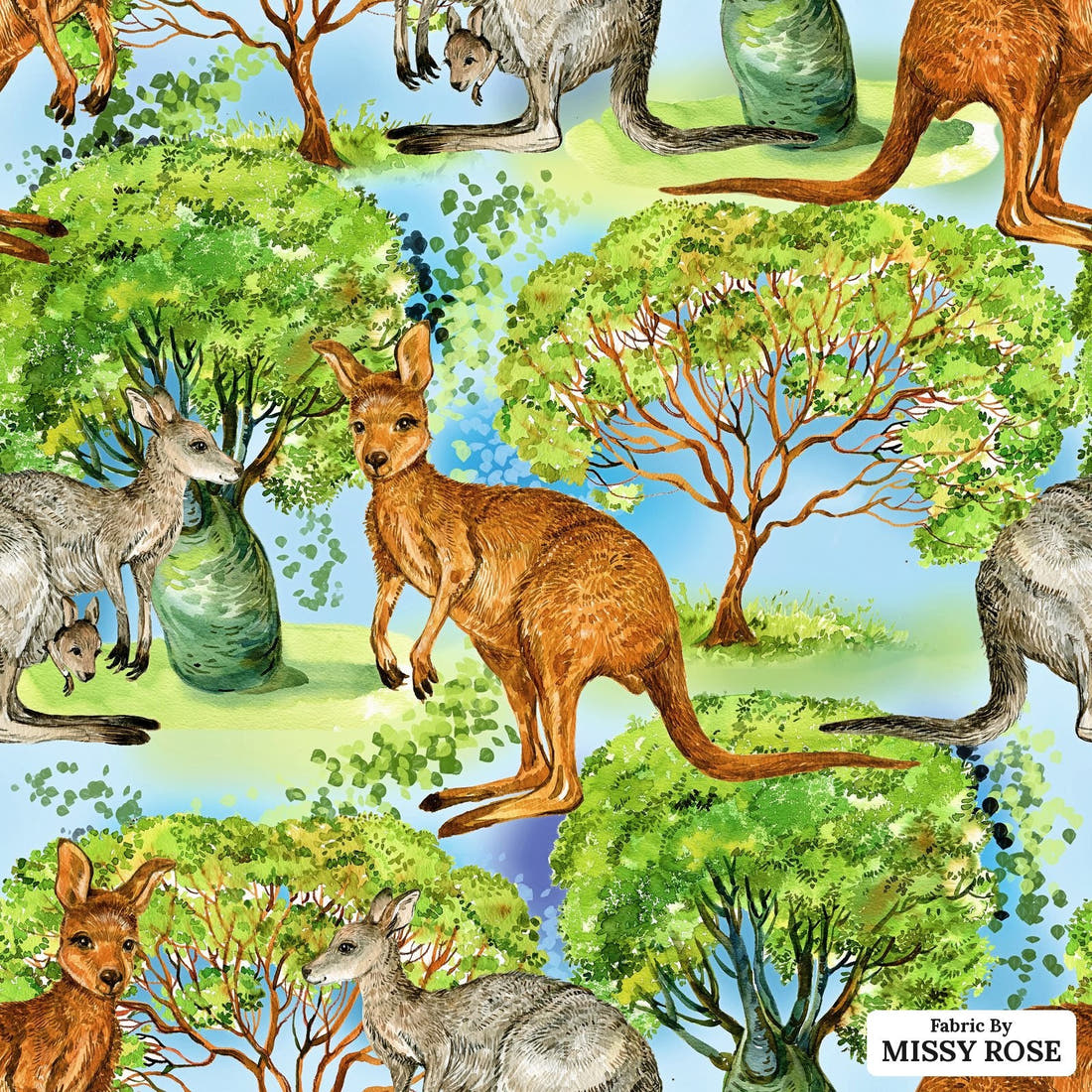 Design 1015 Blue Aussie Fabric – flat view of the print, zoom in for detail | Fabric by Missy Rose