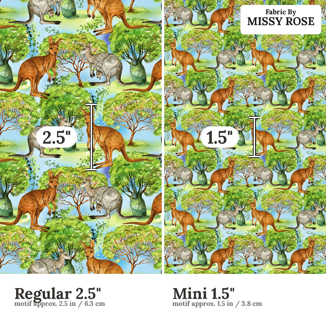 Design 1015 Blue Aussie Fabric Regular 2.5 inch vs Mini 1.5 inch print scale side by side | Fabric by Missy Rose