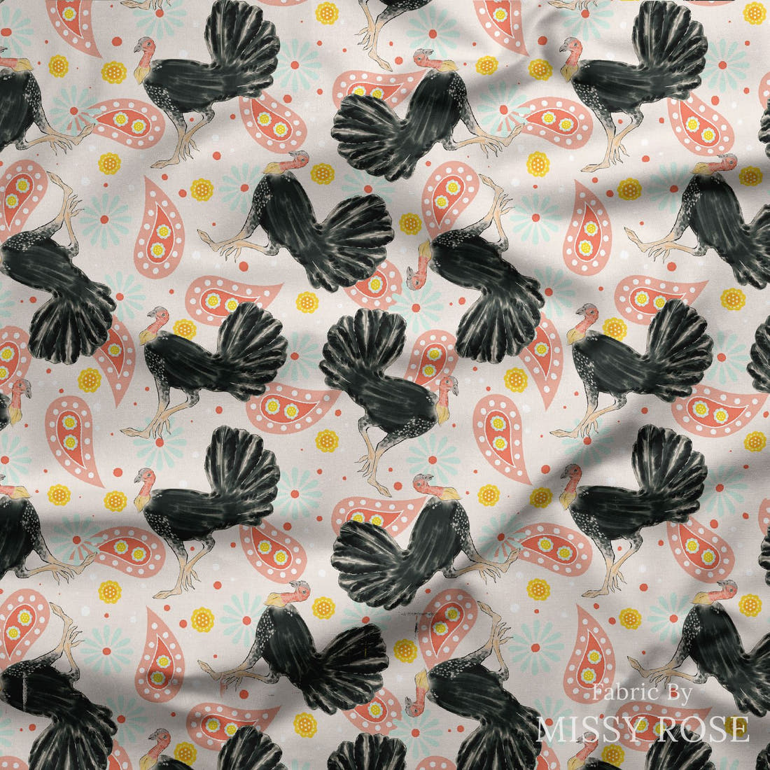 Design 1016 Bush Turkey Fabric draped fabric mockup – custom printed fabric by the metre | Fabric by Missy Rose