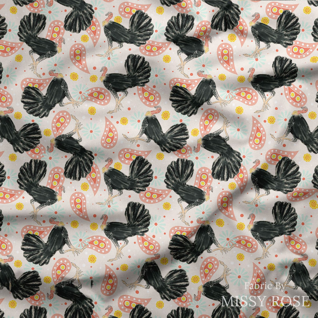 Design 1016 Bush Turkey Fabric draped fabric mockup – custom printed fabric by the metre | Fabric by Missy Rose