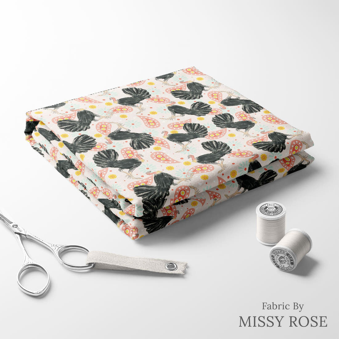 Design 1016 Bush Turkey Fabric folded fabric stack with matching thread – pre-order fabric Australia | Fabric by Missy Rose