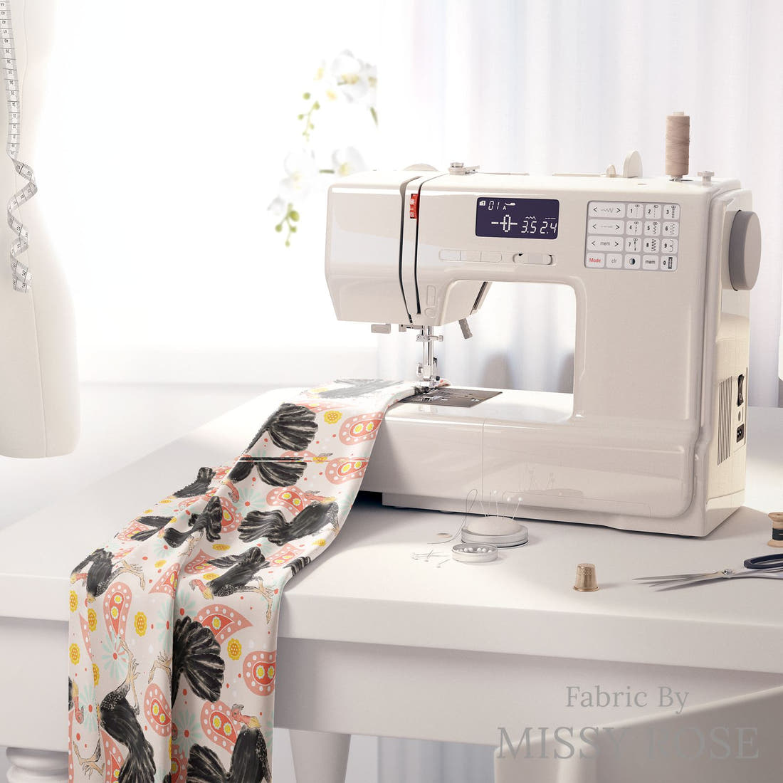 Design 1016 Bush Turkey Fabric on a sewing machine – premium fabric for sewing projects | Fabric by Missy Rose