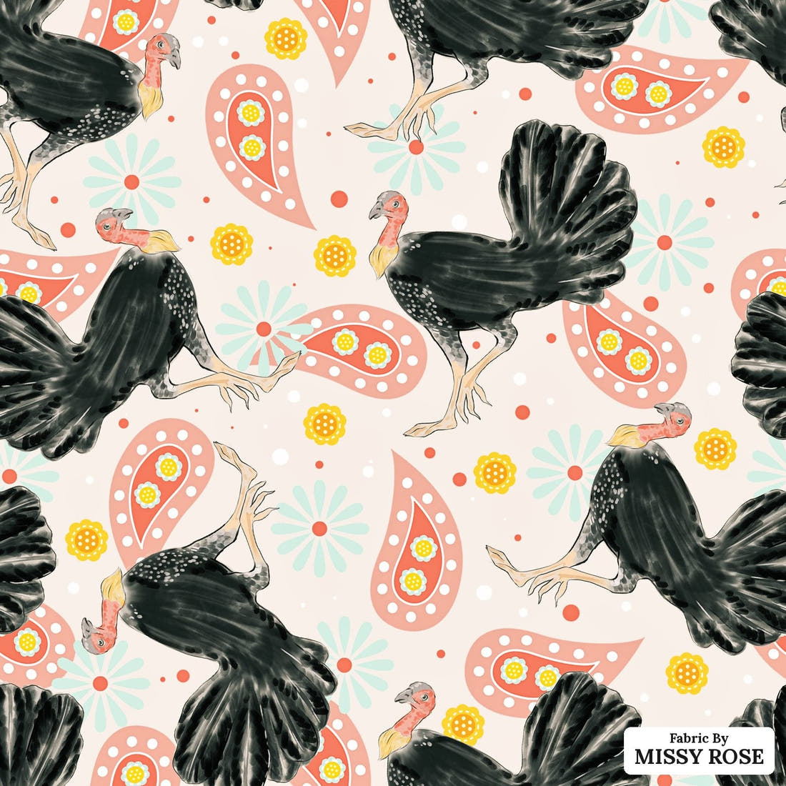 Design 1016 Bush Turkey Fabric – flat view of the print, zoom in for detail | Fabric by Missy Rose