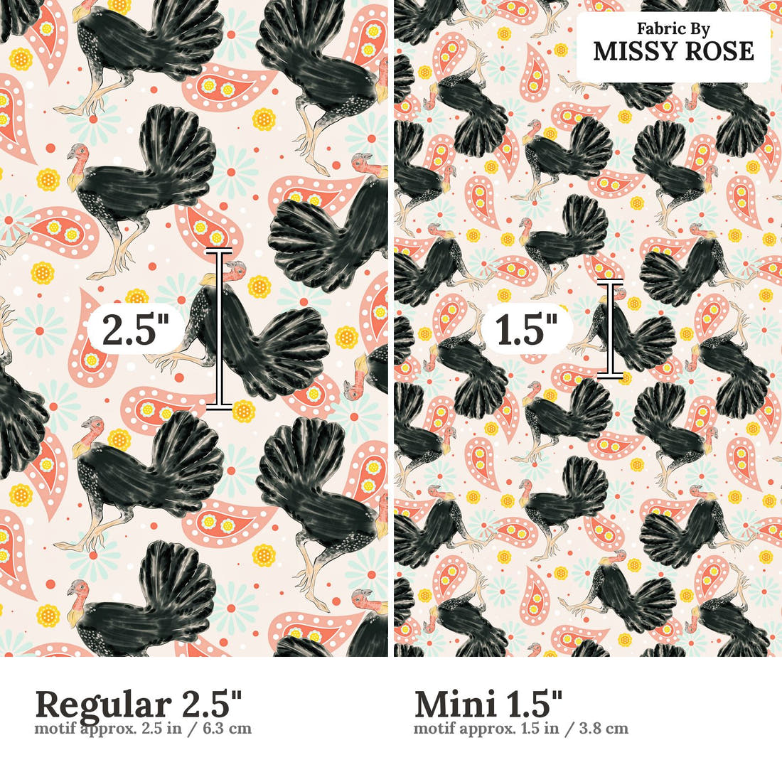 Design 1016 Bush Turkey Fabric Regular 2.5 inch vs Mini 1.5 inch print scale side by side | Fabric by Missy Rose
