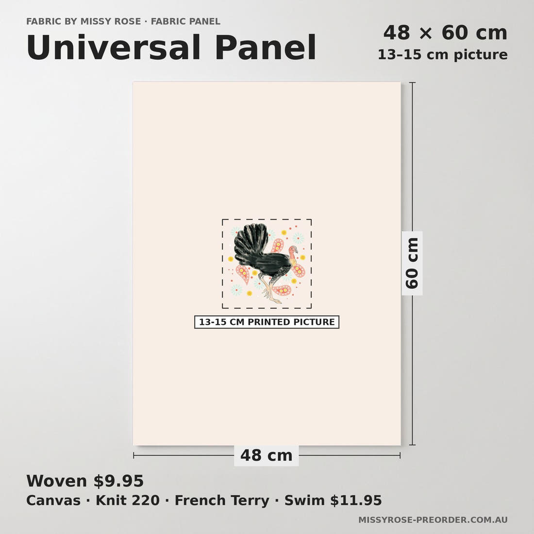 Design 1016 Bush Turkey Panel universal panel sizing – 13–15 cm printed picture on 48 × 60 cm fabric | Fabric by Missy Rose