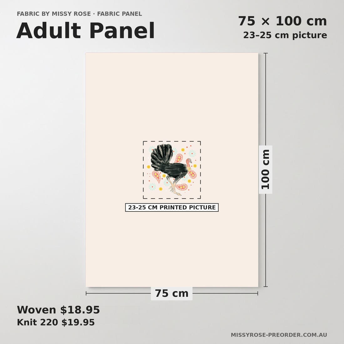 Design 1016 Bush Turkey Panel adult panel sizing – 23–25 cm printed picture on 75 × 100 cm fabric | Fabric by Missy Rose