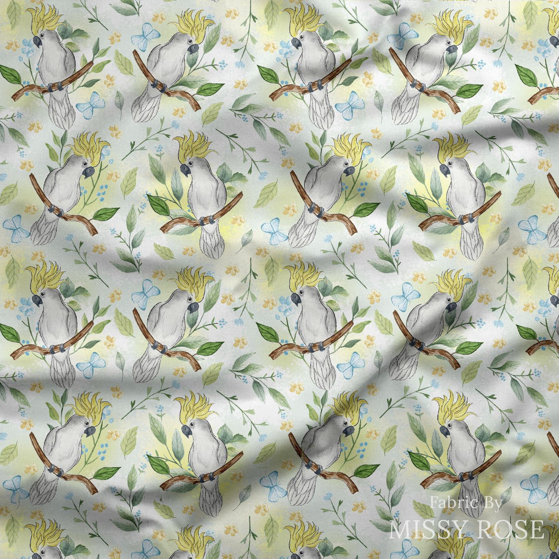 Design 1017 Cockatoo Fabric draped fabric mockup – custom printed fabric by the metre | Fabric by Missy Rose