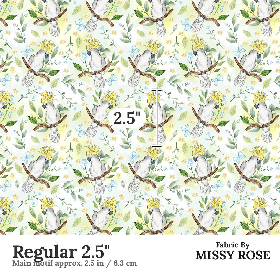 Design 1017 Cockatoo Fabric Regular 2.5 inch print scale guide | Fabric by Missy Rose