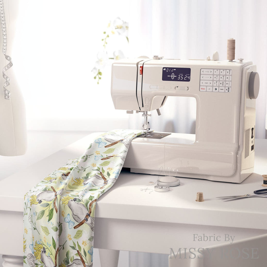 Design 1017 Cockatoo Fabric on a sewing machine – premium fabric for sewing projects | Fabric by Missy Rose