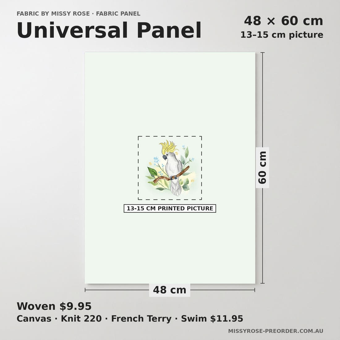 Design 1017 Cockatoo Panel universal panel sizing – 13–15 cm printed picture on 48 × 60 cm fabric | Fabric by Missy Rose