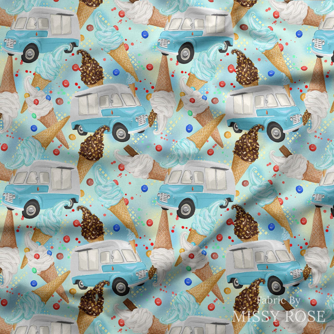 Design 1019 Ice Cream Van Fabric draped fabric mockup – custom printed fabric by the metre | Fabric by Missy Rose