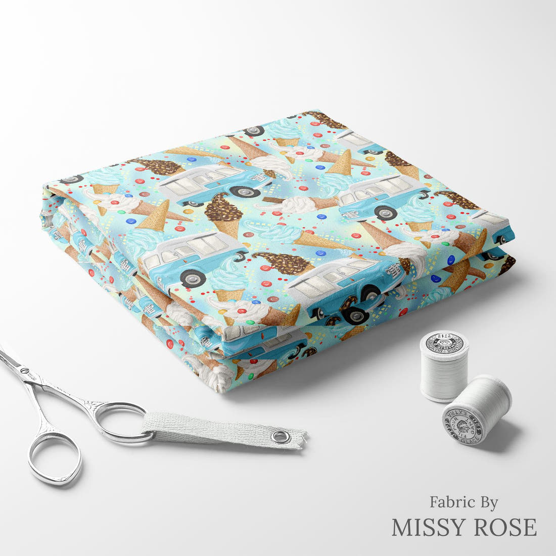 Design 1019 Ice Cream Van Fabric folded fabric stack with matching thread – pre-order fabric Australia | Fabric by Missy Rose