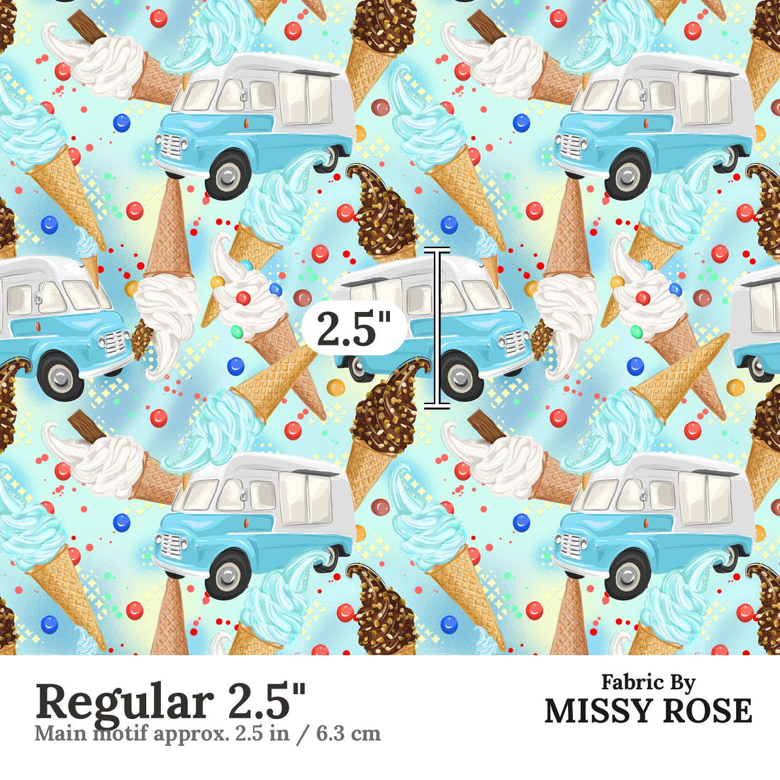 Design 1019 Ice Cream Van Fabric Regular 2.5 inch print scale guide | Fabric by Missy Rose