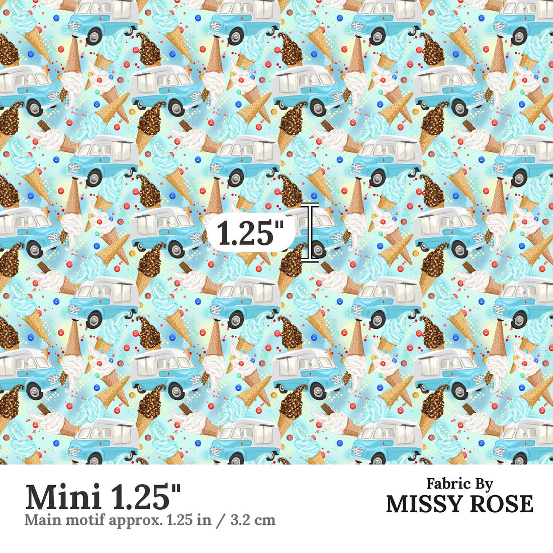 Design 1019 Ice Cream Van Fabric Mini 1.25 inch print scale guide | Fabric by Missy Rose
