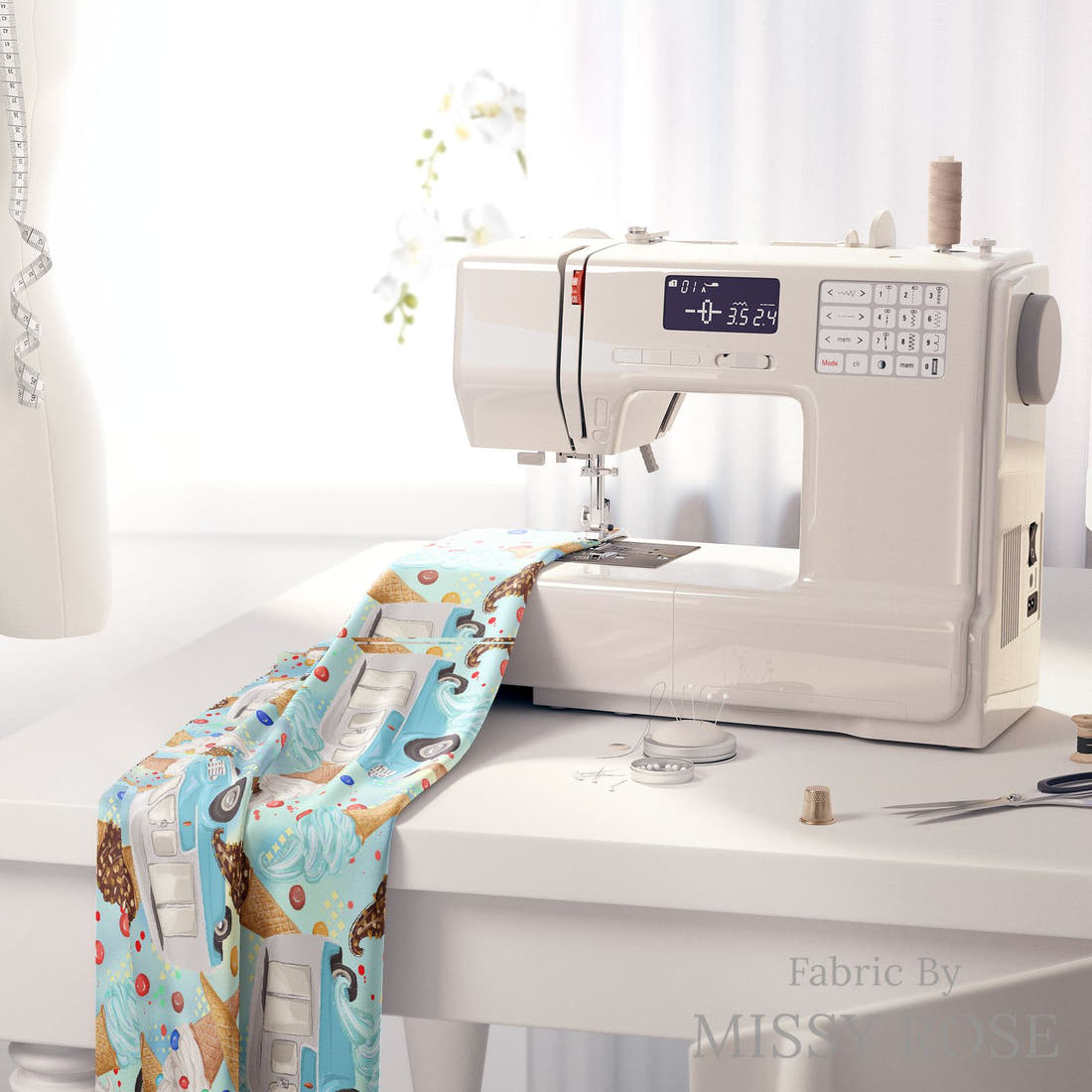 Design 1019 Ice Cream Van Fabric on a sewing machine – premium fabric for sewing projects | Fabric by Missy Rose