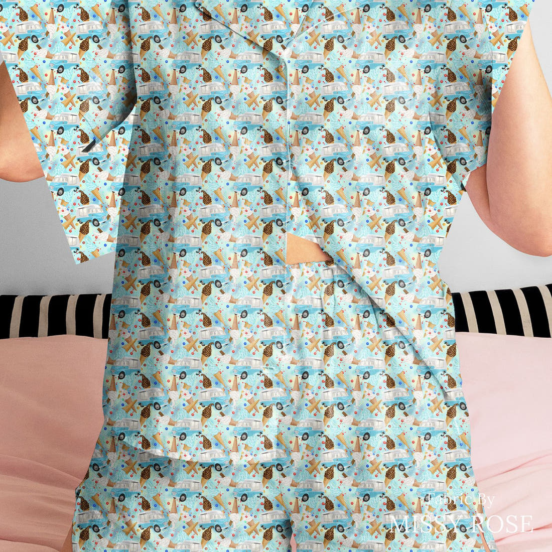 Design 1019 Ice Cream Van Fabric sewn into a women's pyjama set – see how the print looks made up | Fabric by Missy Rose