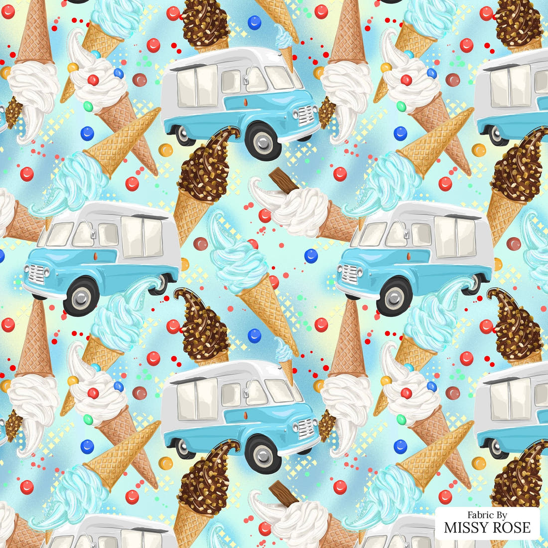 Design 1019 Ice Cream Van Fabric – flat view of the print, zoom in for detail | Fabric by Missy Rose