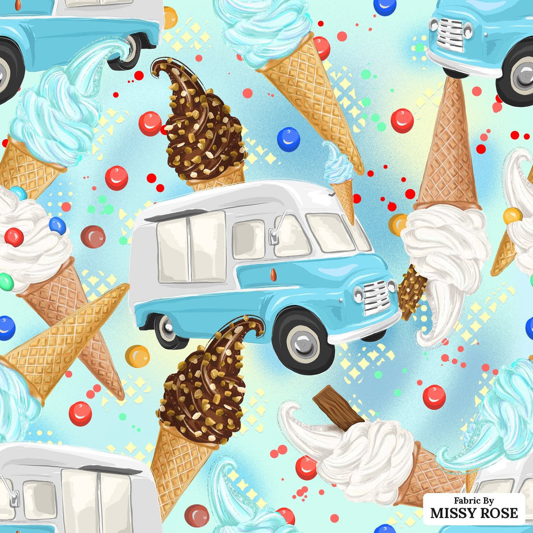 Design 1019 Ice Cream Van Fabric – flat view of the print, zoom in for detail | Fabric by Missy Rose