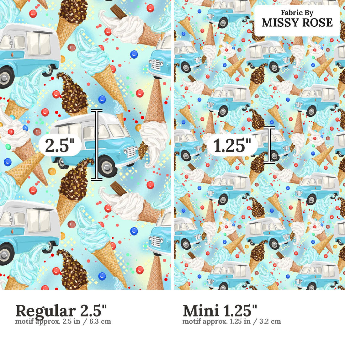 Design 1019 Ice Cream Van Fabric Regular 2.5 inch vs Mini 1.25 inch print scale side by side | Fabric by Missy Rose