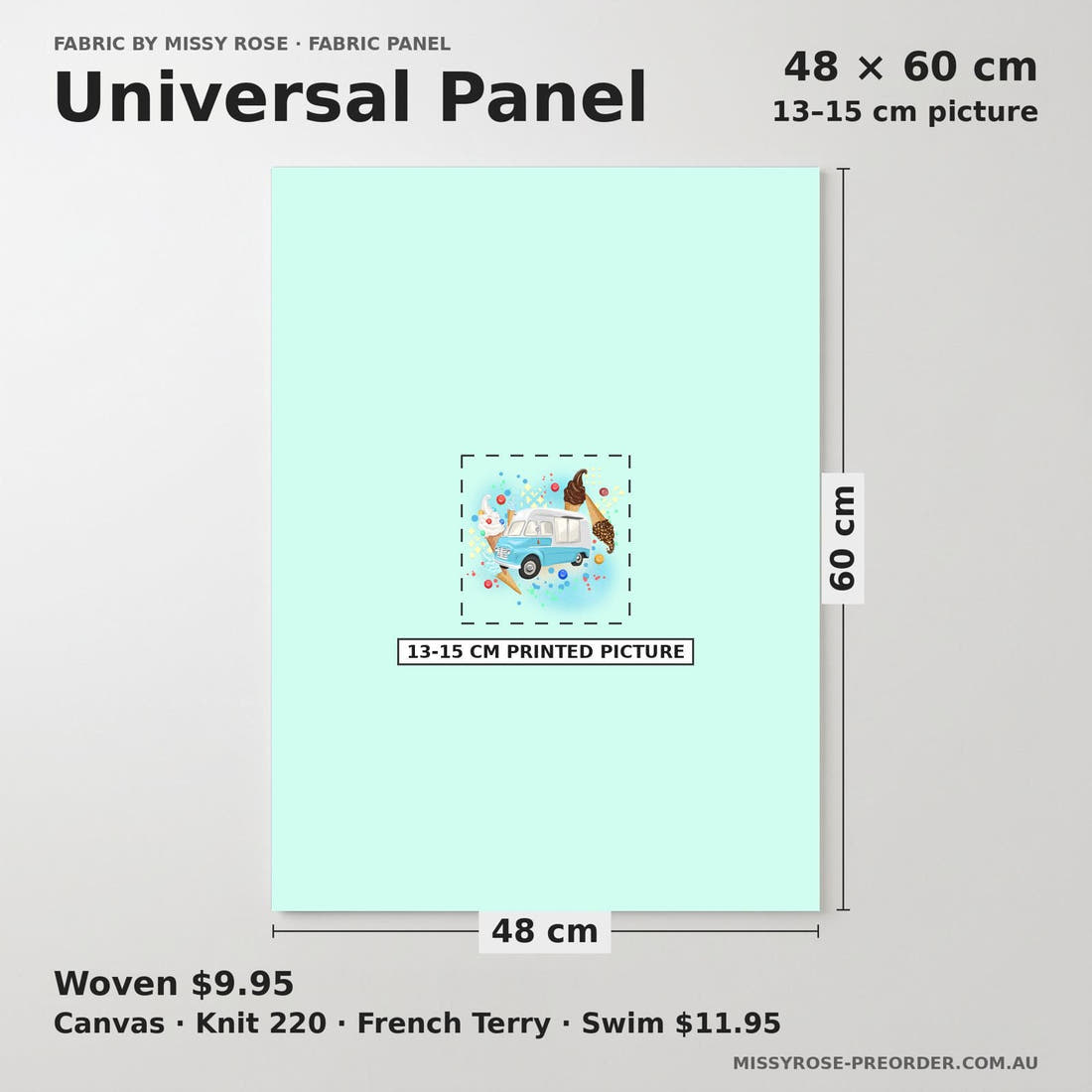 Design 1019 Ice Cream Van Panel universal panel sizing – 13–15 cm printed picture on 48 × 60 cm fabric | Fabric by Missy Rose