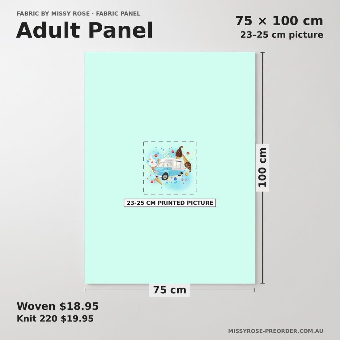 Design 1019 Ice Cream Van Panel adult panel sizing – 23–25 cm printed picture on 75 × 100 cm fabric | Fabric by Missy Rose