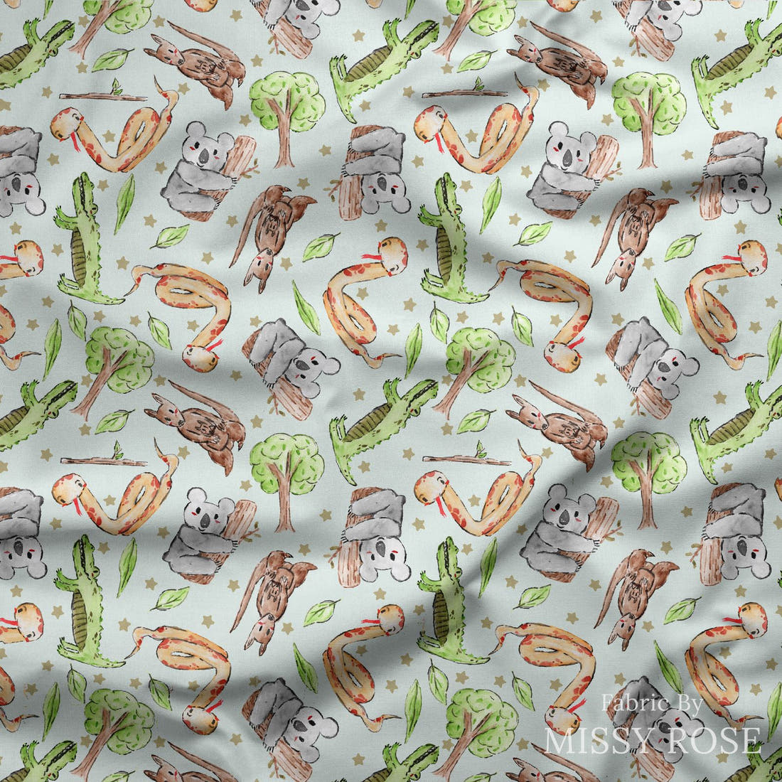 Design 102 Cute Animals Fabric draped fabric mockup – custom printed fabric by the metre | Fabric by Missy Rose