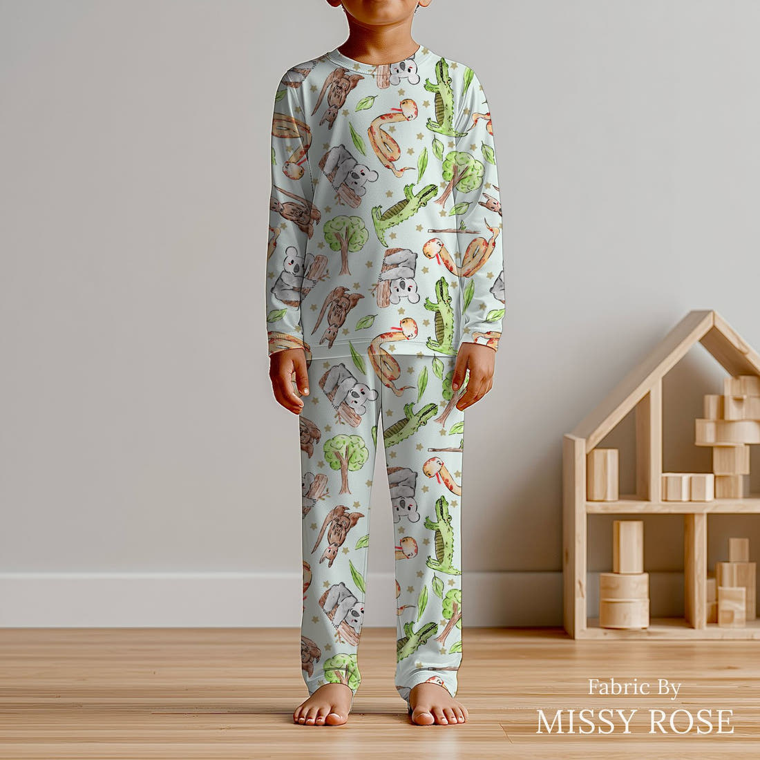 Design 102 Cute Animals Fabric sewn into kids' pyjamas – see how the print looks made up | Fabric by Missy Rose