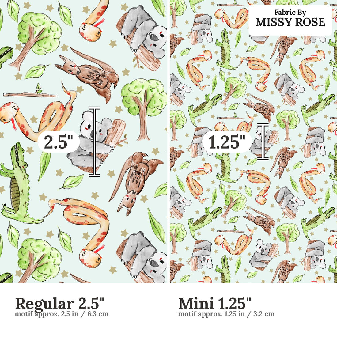 Design 102 Cute Animals Fabric size comparison - print scale | Fabric by Missy Rose
